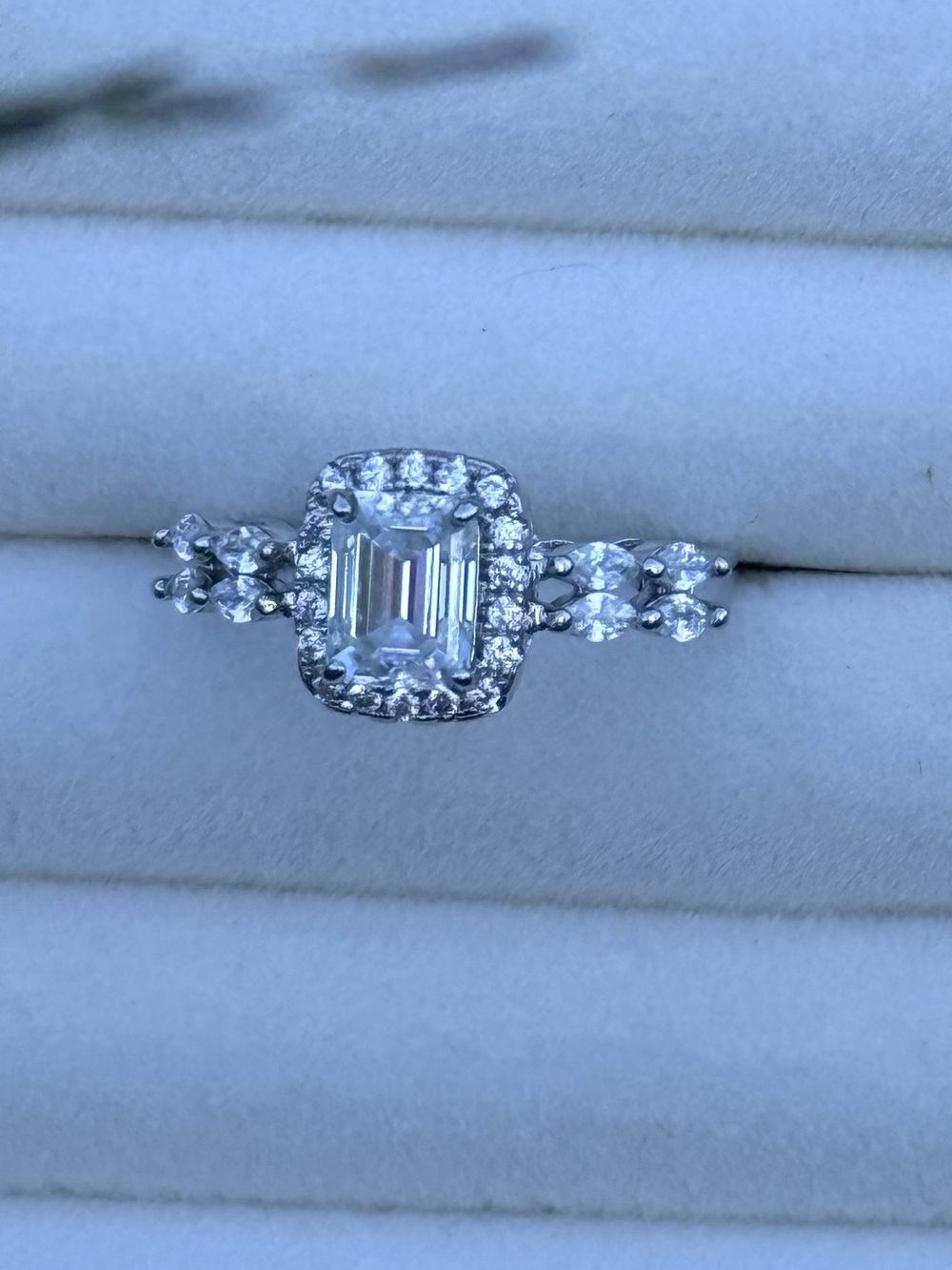 Emerald-Cut Moissanite Halo Engagement Ring in Silver with Side Stones - Picture 2 of 3